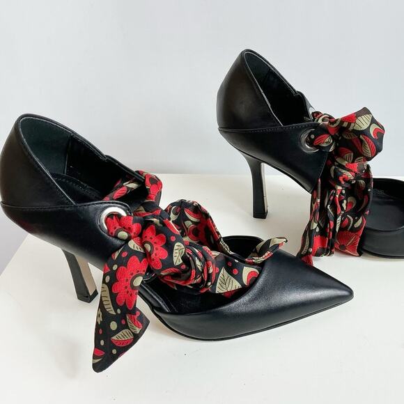 Beautisoles Womens Millie Ribbon Ankle Tie Pump Shoes Black Leather Red 7.5 - Picture 3 of 8